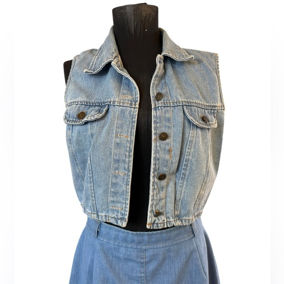 Vintage “Tickets” Blue Denim Crop Denim Vest Top - Picture 5 of 16